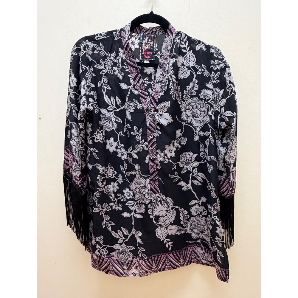 Johnny Was Black Floral Silk Fringe Trim V-Neck Tunic Top Womens XS